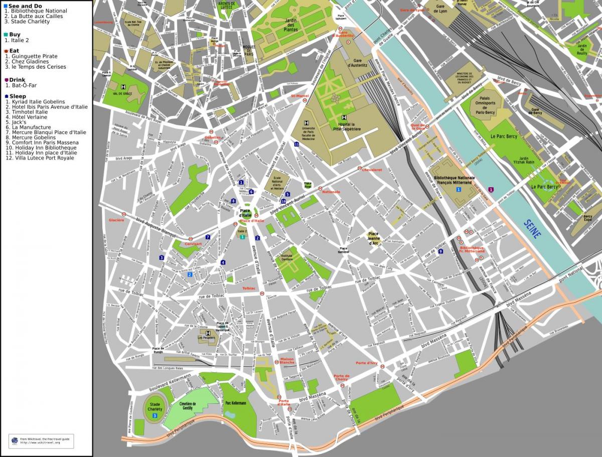 नक्शे की 13 वीं arrondissement में पेरिस के