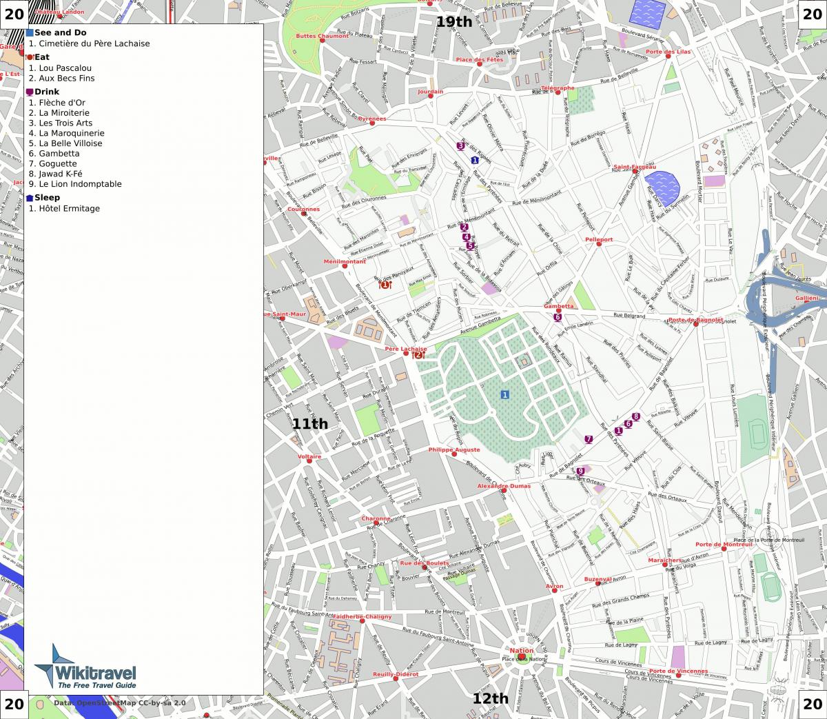 नक्शे की 20 वीं arrondissement में पेरिस के