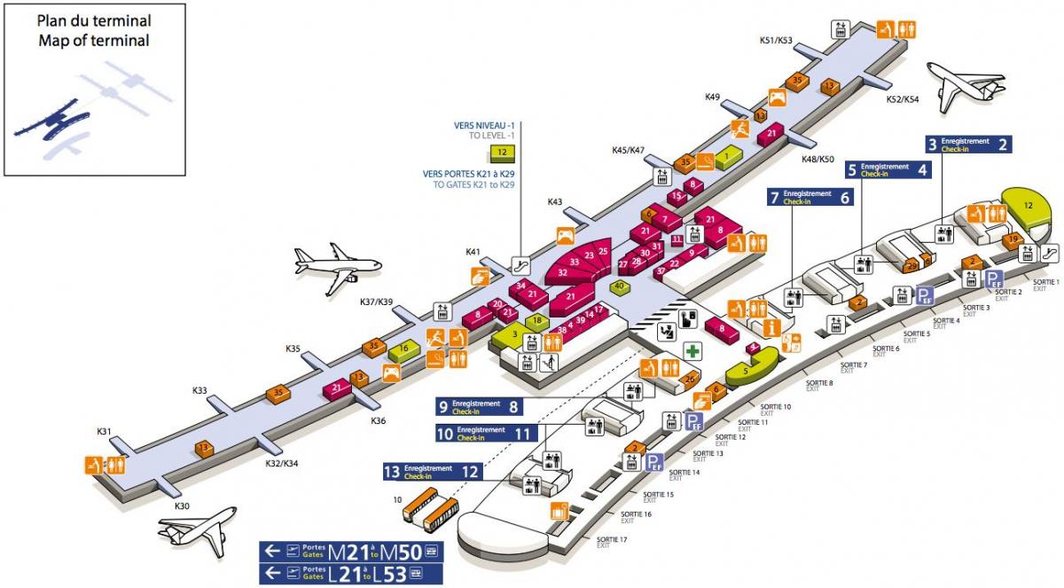 नक्शे के CDG हवाई अड्डे के टर्मिनल 2 ई