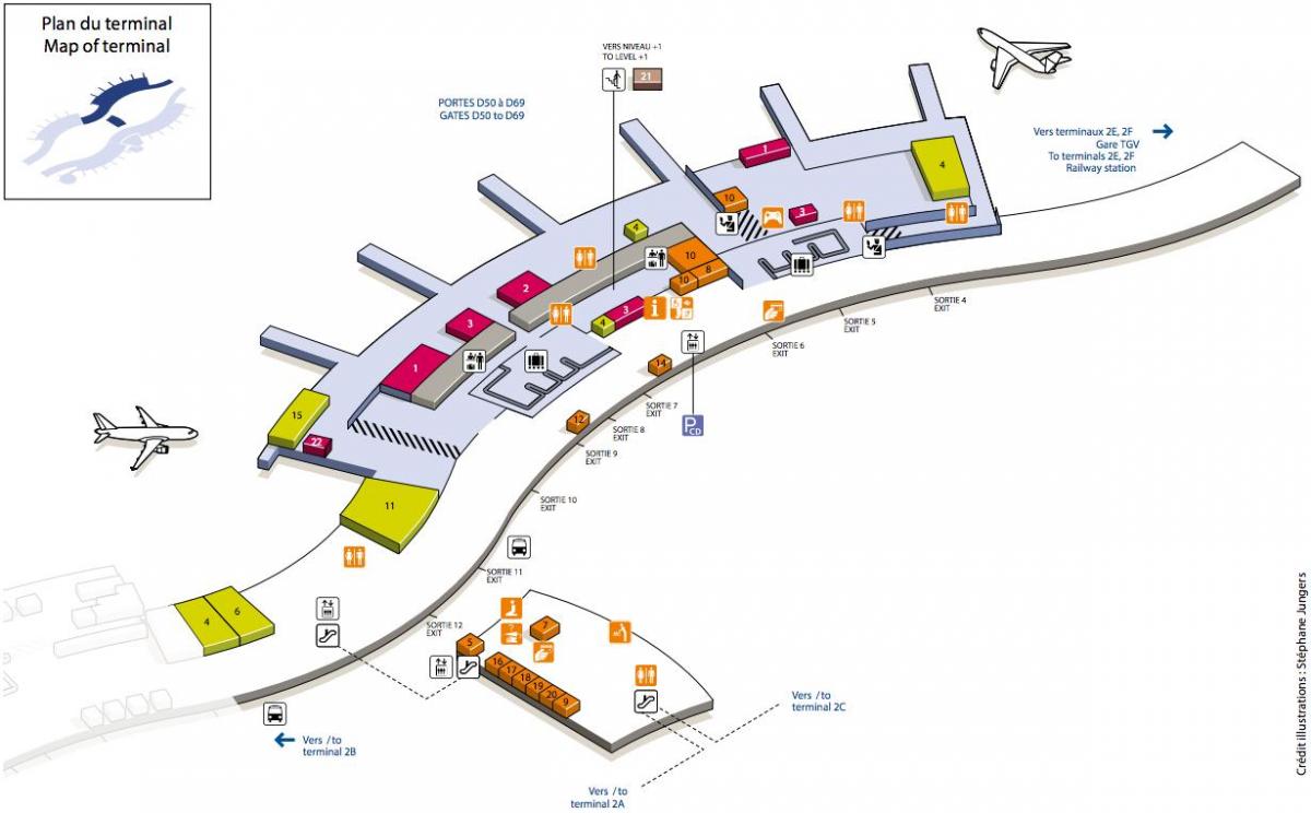 नक्शे के CDG हवाई अड्डे के टर्मिनल 2 डी