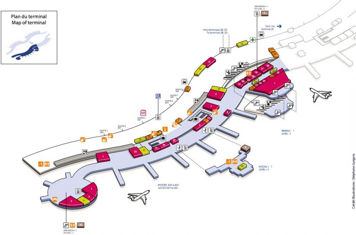 नक्शे के CDG हवाई अड्डे के टर्मिनल 2A