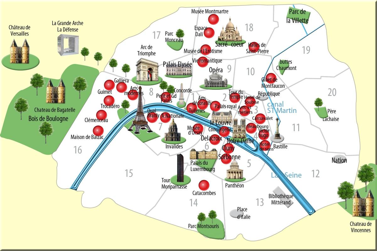 मानचित्र पेरिस के स्मारकों
