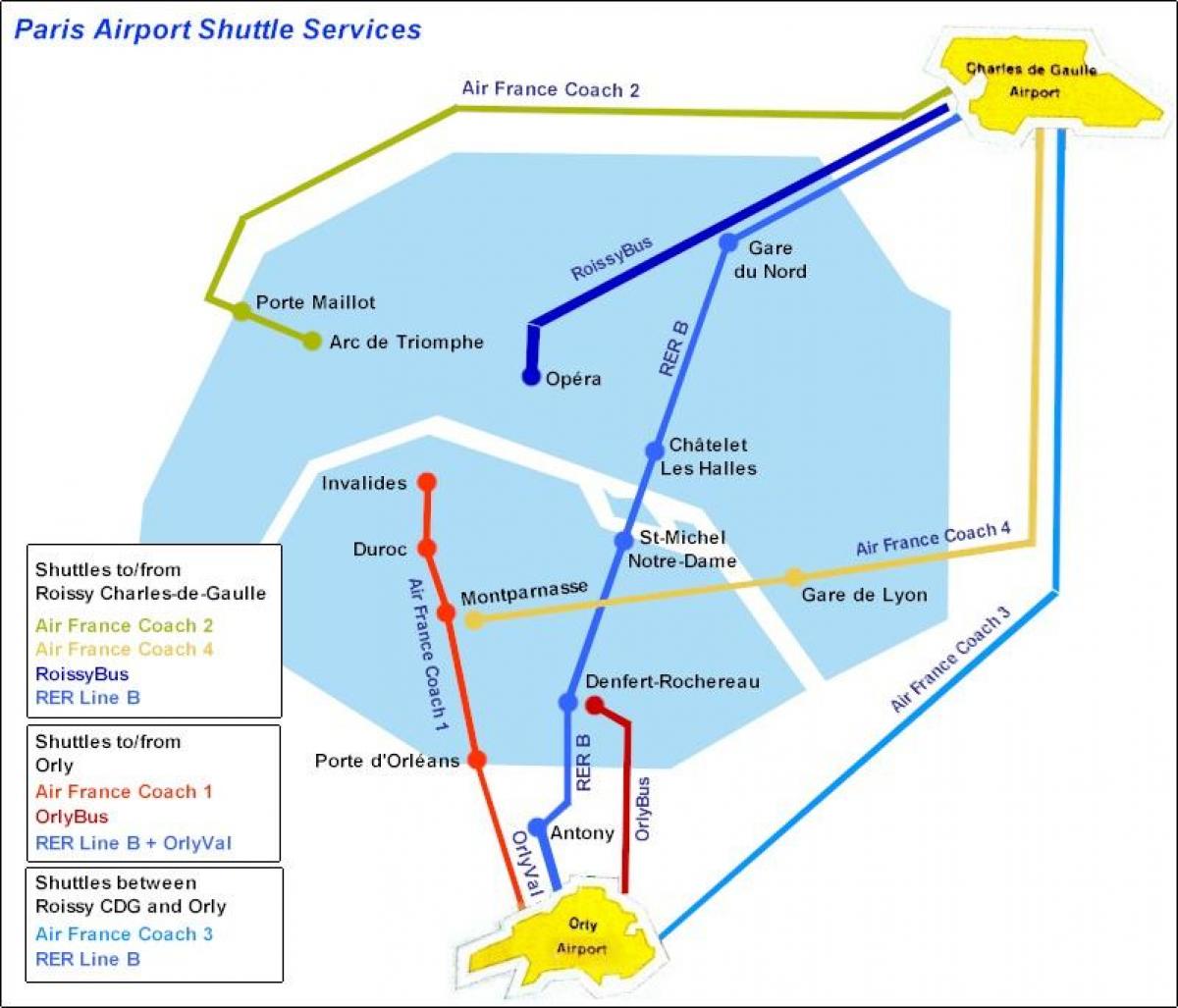 पेरिस के नक्शे हवाई अड्डा शटल