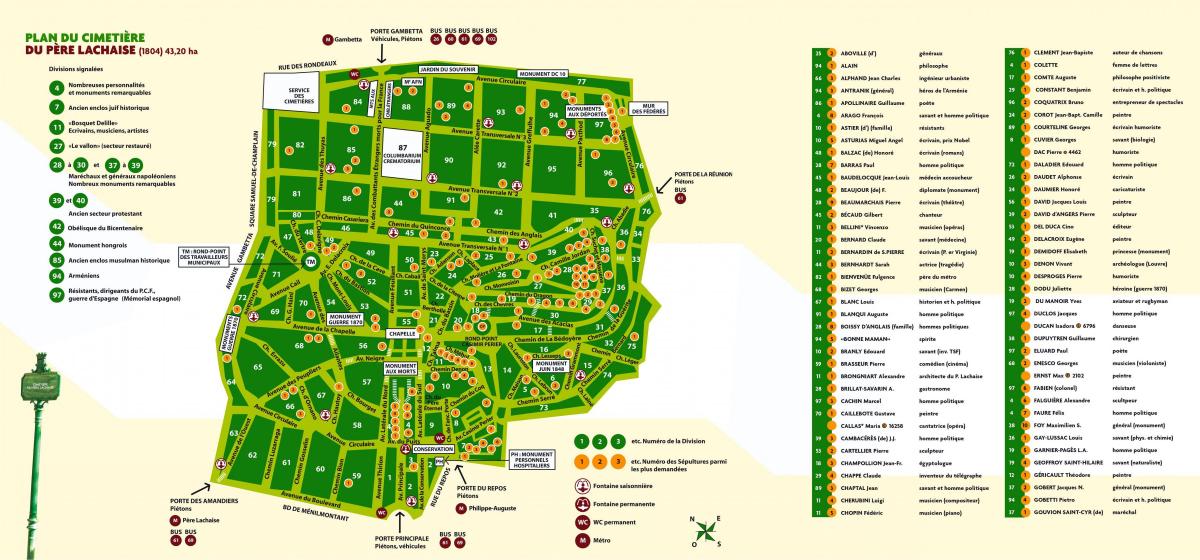 नक्शे के पेरे-Lachaise कब्रिस्तान