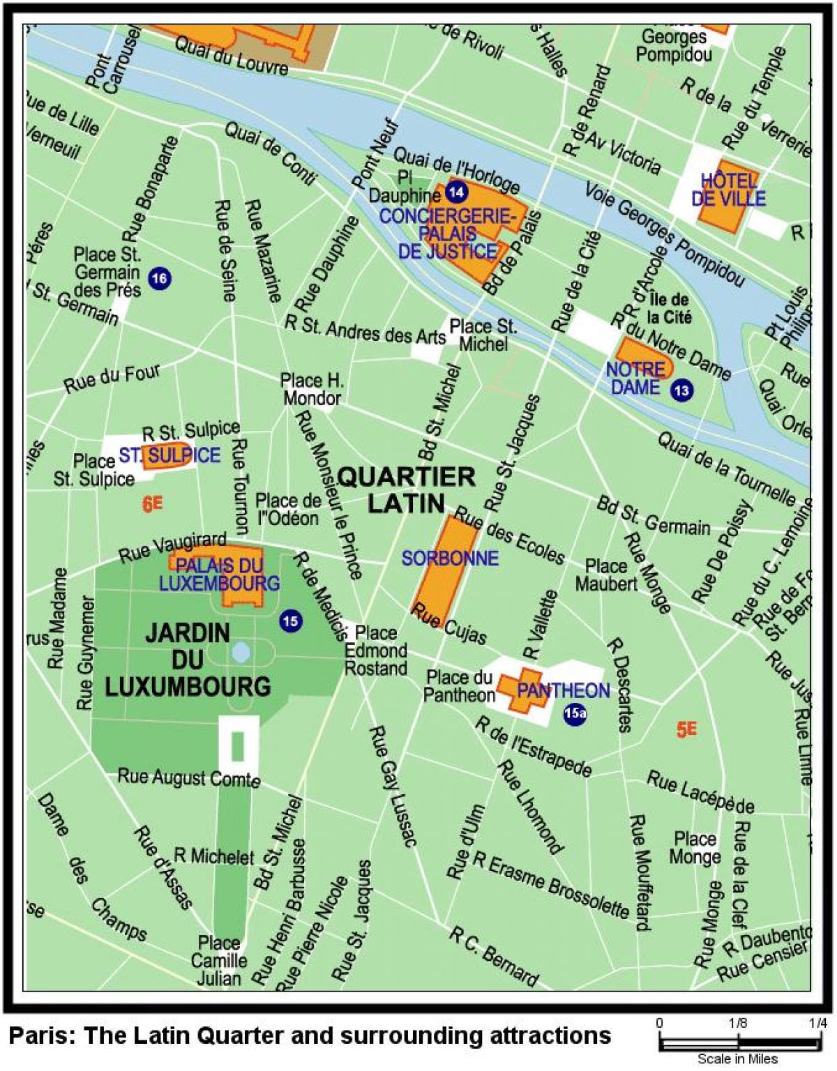 के मानचित्र में लैटिन क्वार्टर के पेरिस