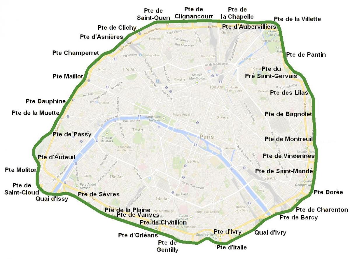 मानचित्र के शहर के फाटकों पेरिस